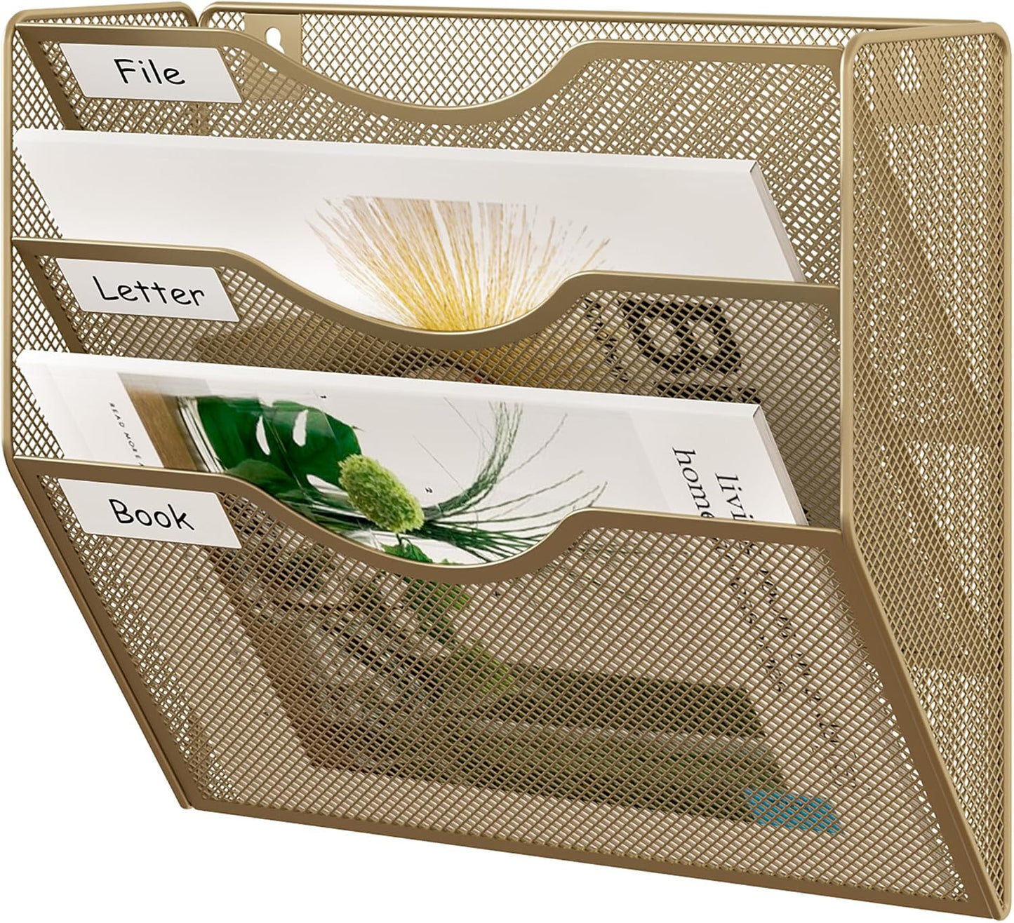 EasyPAG 5 Pocket Mesh Wall File Organizer with Key Hooks, Hanging Paper Folder Holder with Classify Label, Vertical Wall Mount Mail Organizer for Office Home Classroom, Black
