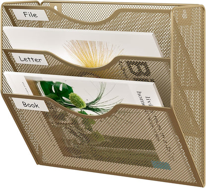 EasyPAG 5 Pocket Mesh Wall File Organizer with Key Hooks, Hanging Paper Folder Holder with Classify Label, Vertical Wall Mount Mail Organizer for Office Home Classroom, Black