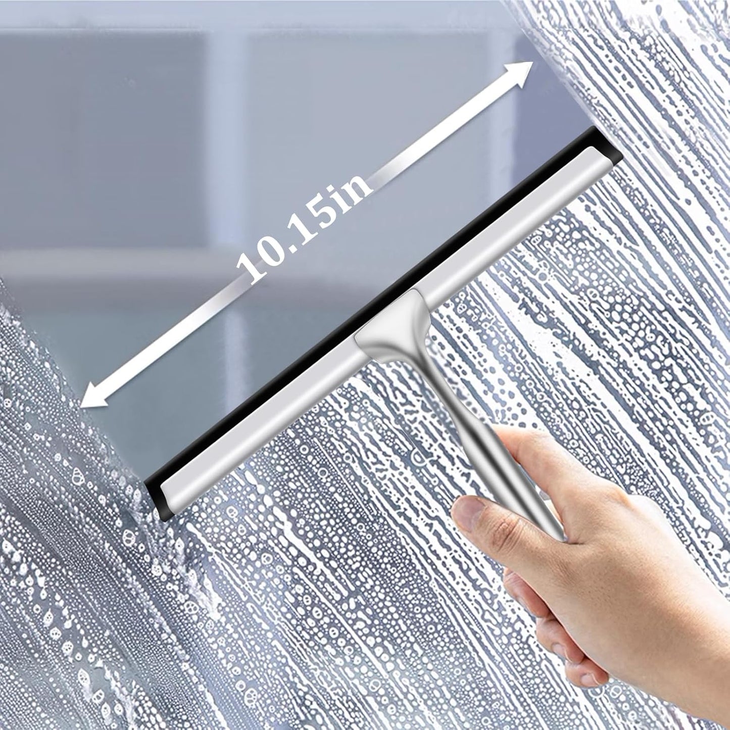 10" Stainless Steel Shower Squeegee for Shower Glass with Adhesive Hook for Cleaning Bathroom Glass Doors Car Window Mirrors and Tile Wall (Matte Black + Hook)
