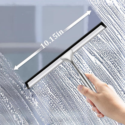 10" Stainless Steel Shower Squeegee for Shower Glass with Adhesive Hook for Cleaning Bathroom Glass Doors Car Window Mirrors and Tile Wall (Matte Black + Hook)
