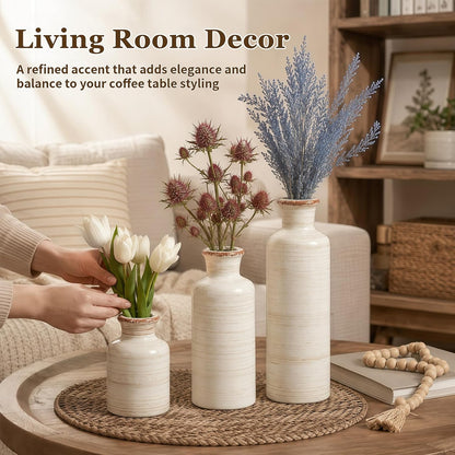 TBWIND Ceramic Vases Set of 3, Neutral Pottery Rustic Farmhouse Flower Vase | Small Decorative Flower Vases Modern Home Decor for Table Mantel Entryway Bookshelf Living Room Kitchen Bedroom