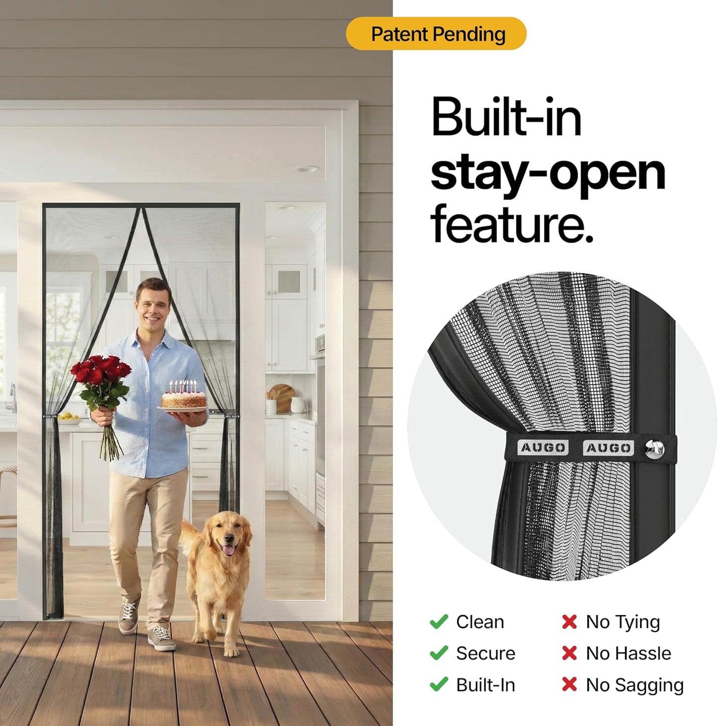 AUGO Magnetic Screen Door - Self Sealing, Heavy Duty, Hands Free Mesh Partition Keeps Bugs Out - Pet and Kid Friendly - Patent Pending Keep Open Feature - 38 Inch x 83 Inch