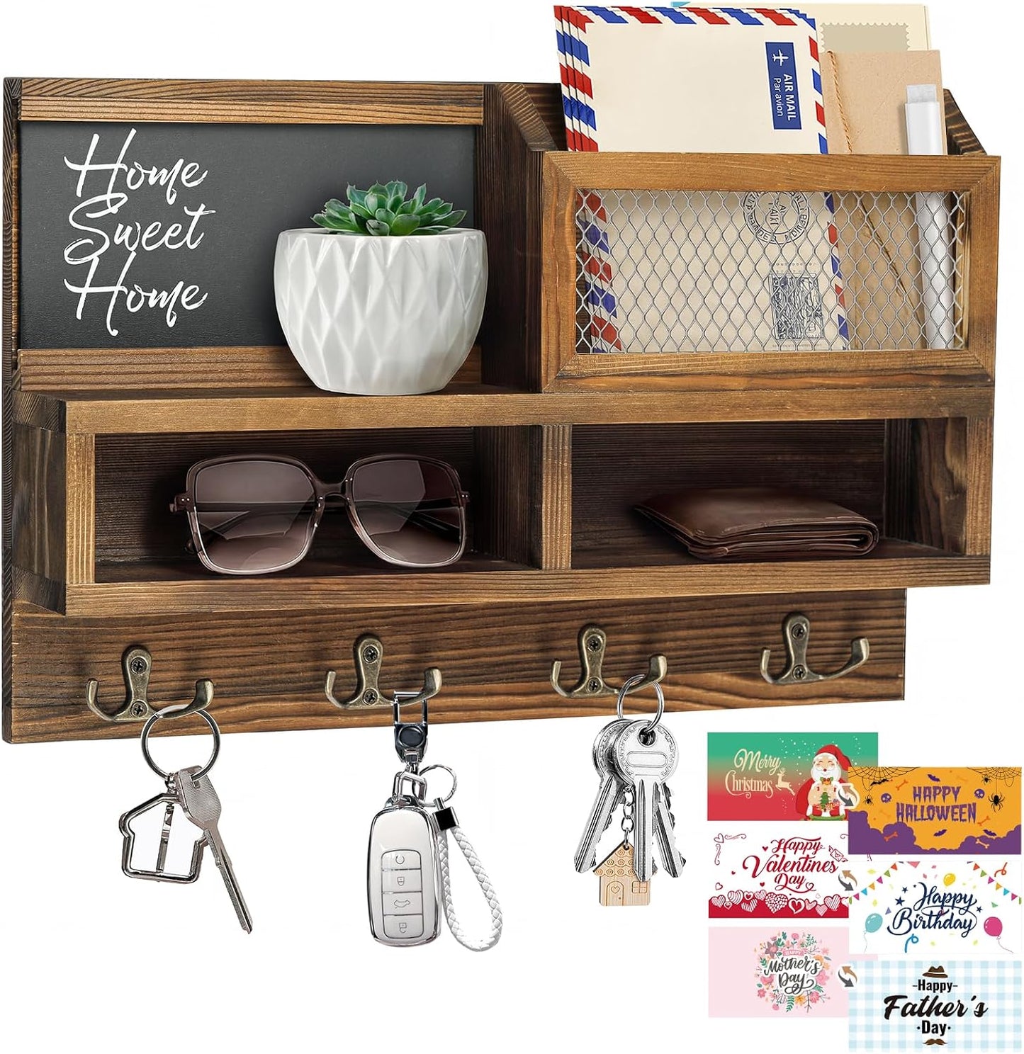 Key Holder Wall Mount, Wooden Mail and Key Organizer with Chalkboard and Mirror, 3 Greeting Cards, 8 Hooks, Brown