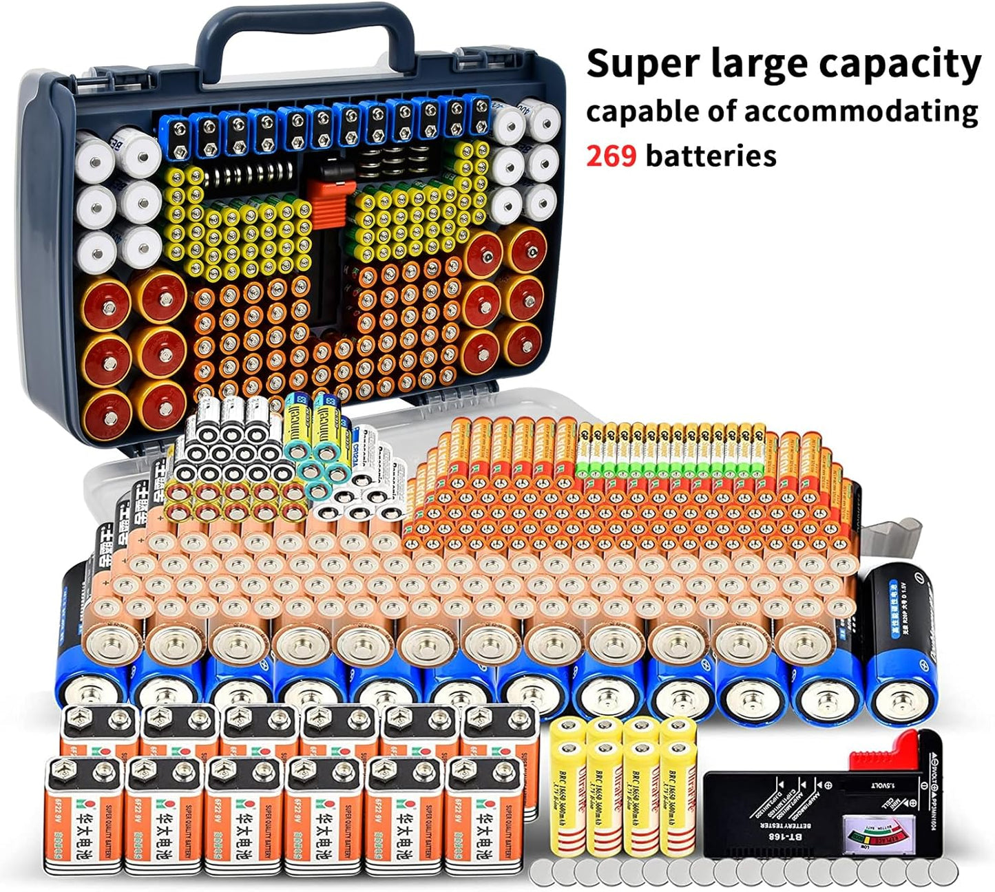 Battery Organizer Storage Case with Tester for 269 Batteries, Double Sides | Plastic, For AA AAA 4A C D Cell 9V 3V LR44 CR2 CR123 CR1632 18650 Button, Wall/Drawer, For Families/DIY/Home/Garage, Grey