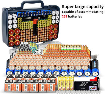 Battery Organizer Storage Case with Tester for 269 Batteries, Double Sides | Plastic, For AA AAA 4A C D Cell 9V 3V LR44 CR2 CR123 CR1632 18650 Button, Wall/Drawer, For Families/DIY/Home/Garage, Grey