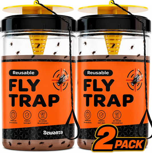 Fly Traps Outdoor [Set of 2] with Dissolvable Non-Toxic Bait - Reusable Hanging Bug Catcher Killer for All Flies for Outside Bug Control Patios, Barns, Ranches Etc. Hanging Fly Traps with Tie Included