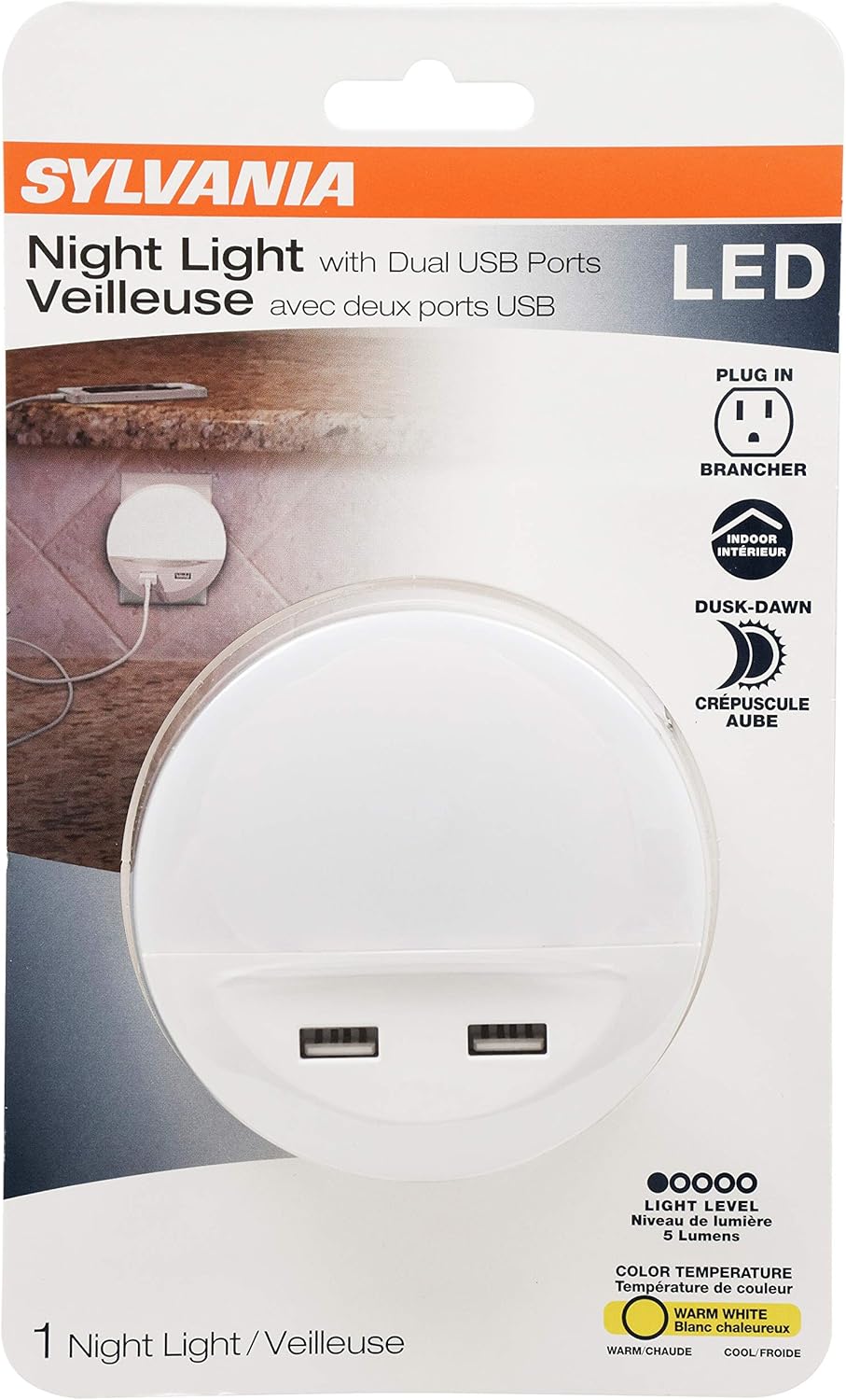 LEDVANCE Sylvania LED Mini Automatic Plug-in Night Light with Sensor, Motion Activated, Dusk to Dawn, Warm White, Plug-in Type - 1 Pack (64988)