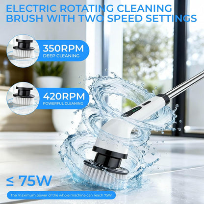 Electric Spin Scrubber with Long Handle，Cordless Bathroom & Kitchen Cleaner with 6 Replaceable Brush Heads，3 Adjustable Speeds for Tile Floor Tub Shower