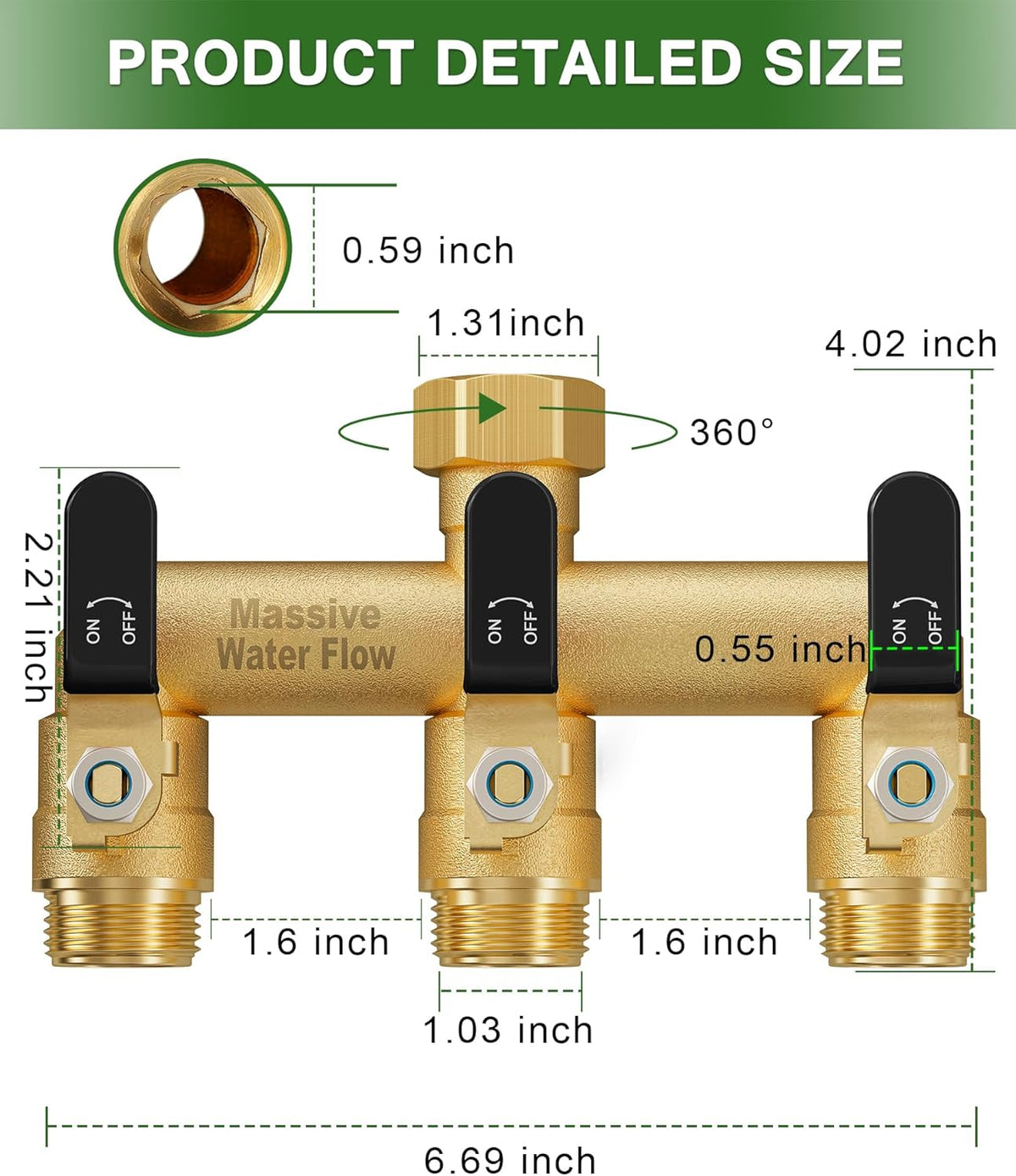 3 Way Hose Splitter, Heavy Duty Full Flow Garden Water Hose Bib Spigot Splitter, Brass Rust and Freeze Resistant Outdoor Faucet Splitter, T Adapter Connector with 3/4 - Inch GHT Thread （Green）