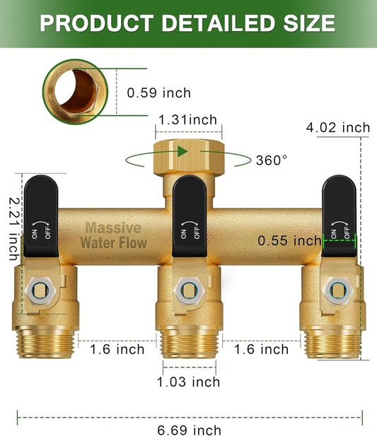 3 Way Hose Splitter, Heavy Duty Full Flow Garden Water Hose Bib Spigot Splitter, Brass Rust and Freeze Resistant Outdoor Faucet Splitter, T Adapter Connector with 3/4 - Inch GHT Thread （Green）