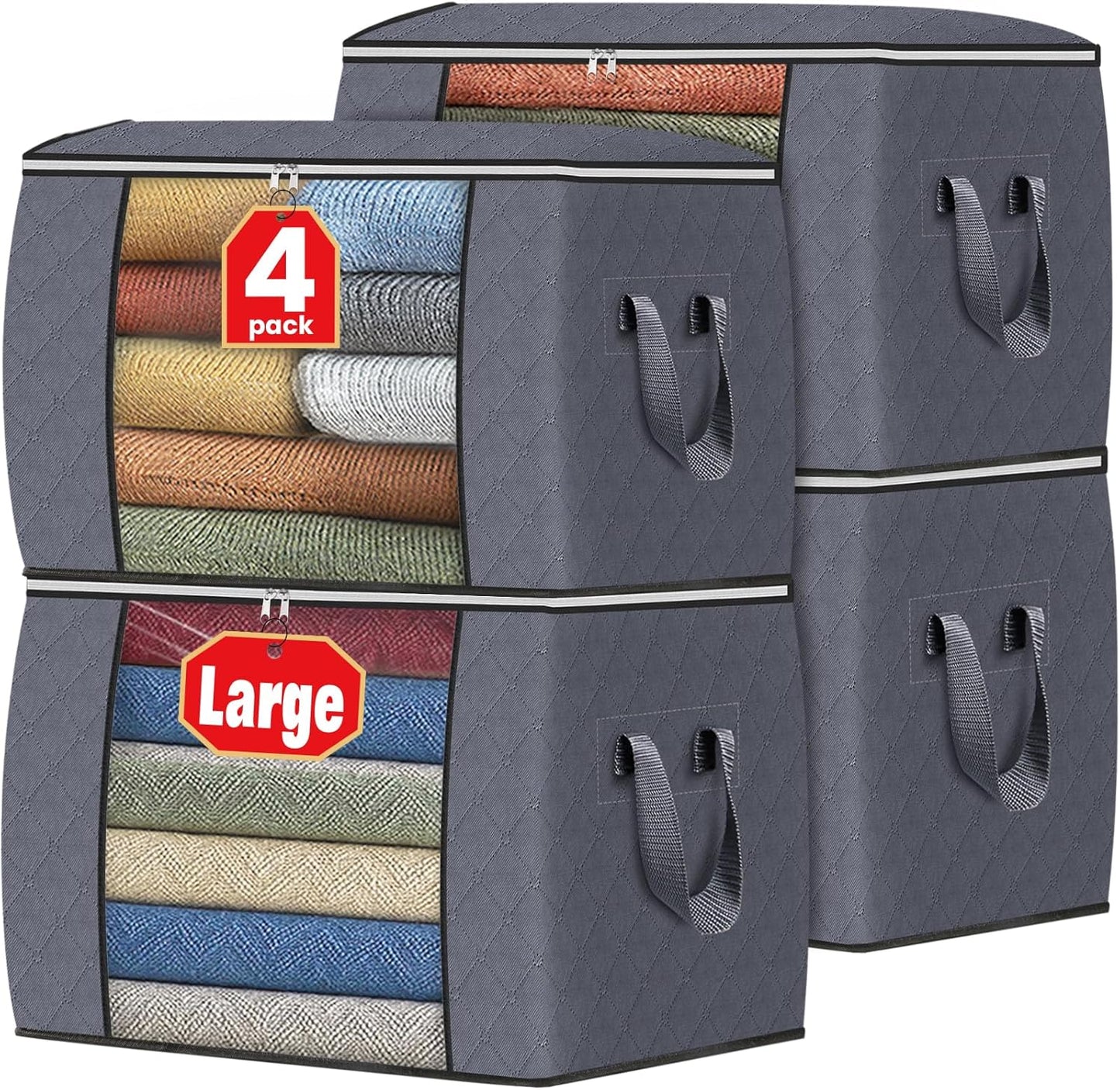 Fab totes 6 Pack Storage Bags for Clothes and Blanket, Foldable Closet Organizers and Storage with Zippers, Clear Window and Handles, Fabric Storage Bins for Sweater, Comforter, Bedding,Linen Sheets