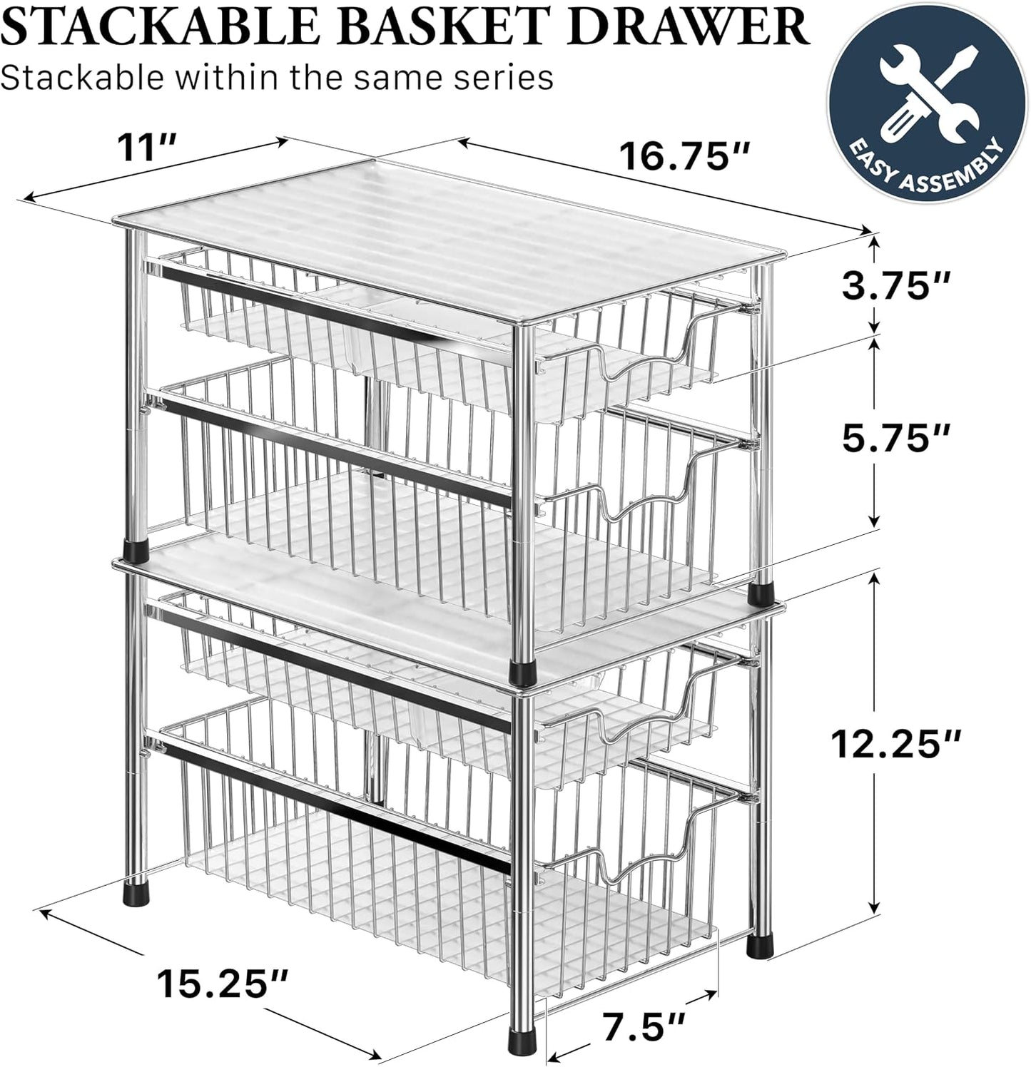 Simple Houseware Stackable 2 Tier Sliding Basket Organizer Drawer, Chrome