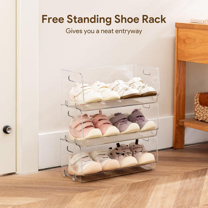 HBlife Clear Acrylic Kids Shoe Rack Baby Toddler Shoe Storage Organizer for Closet Floor Entryway Bedroom, 4 Tier Stackable Small Shoe Rack Shelf Display Stand