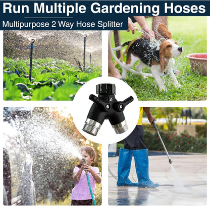 DBR Tech® Garden Hose Splitter 2 Way Heavy Duty | Faucet Adapter with Long Handle, Outdoor Water Spigot Hose Bib Y Wye Splitter, Dual Outlet Shut Off Valve Hose Connector, Leak Free