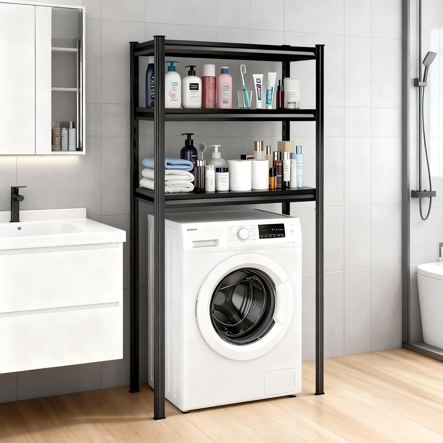 Over The Washer and Dryer Storage Shelf, Height-Adjustable 4-Tier Metal Heavy Duty Over The Washer, Organizer Rack for Washer Dryer, Laundry Room Organizer Rack, Multi-Functional Storage Shelf