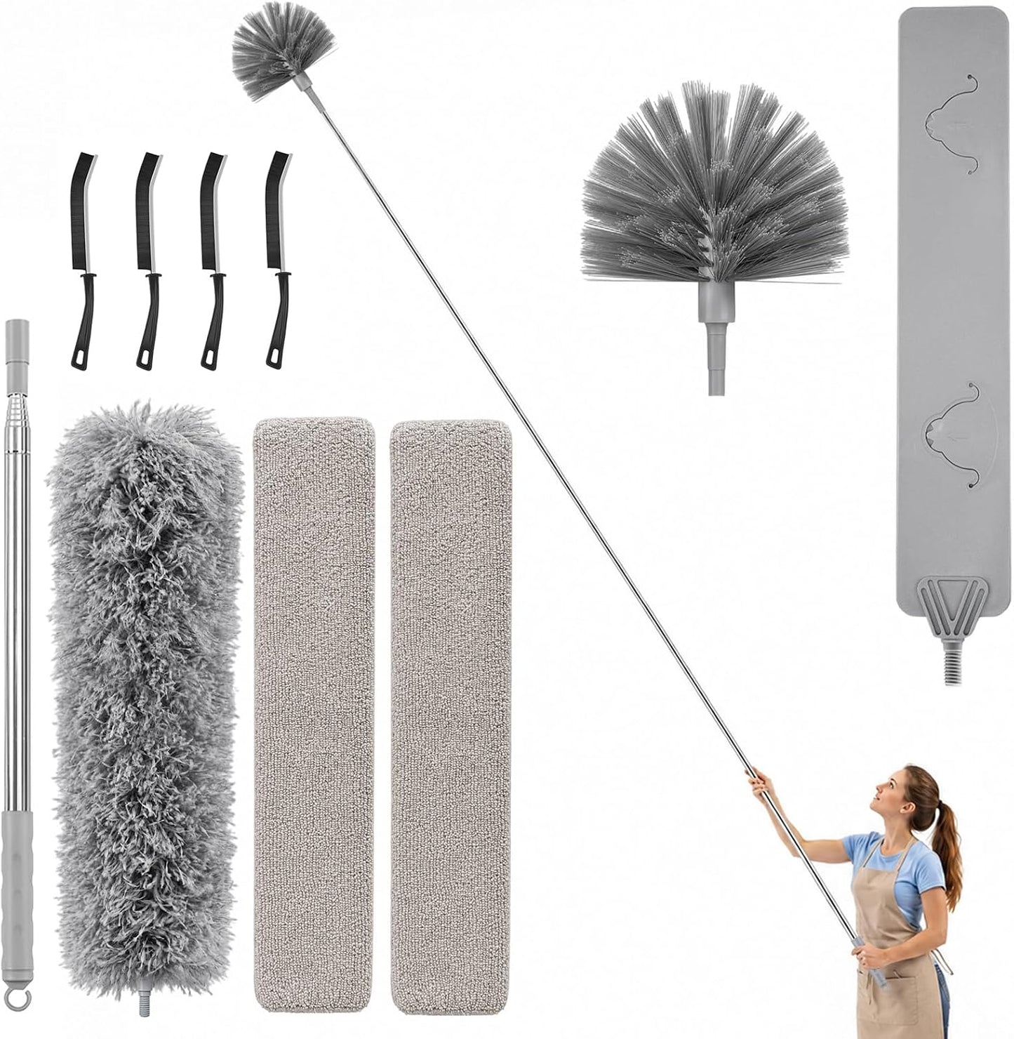 100-inch Duster with Extension Pole, 9-in-1 Cobweb Duster Kit Includes Spider Web Brush & Flat Gap Cleaner for High Ceiling, Fan, Under Appliances, Car, Home Deep Cleaning