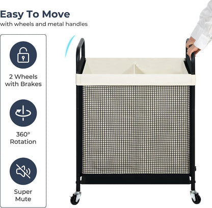STO STO Laundry Hamper 3 Section, 120L Rolling Laundry Sorter Cart with Removable and Washable Liner Bag, Clothes Hamper with Wheels and Metal Handle for Laundry Room and Bedroom