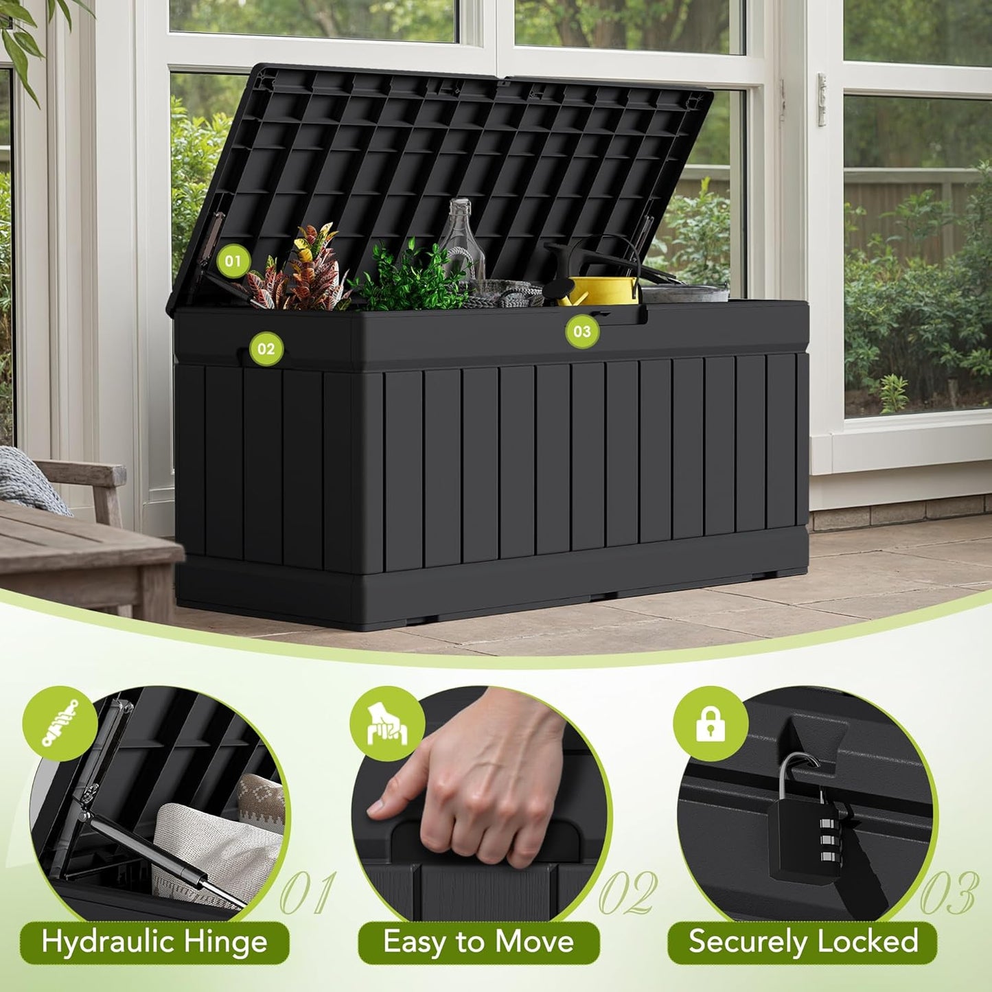 Devoko 30 Gallon Resin Deck Box Waterproof Outdoor Storage Box for Patio Furniture Pool Accessories Indoor Storage for Cushion Garden Tools (30 Gallon, Black)