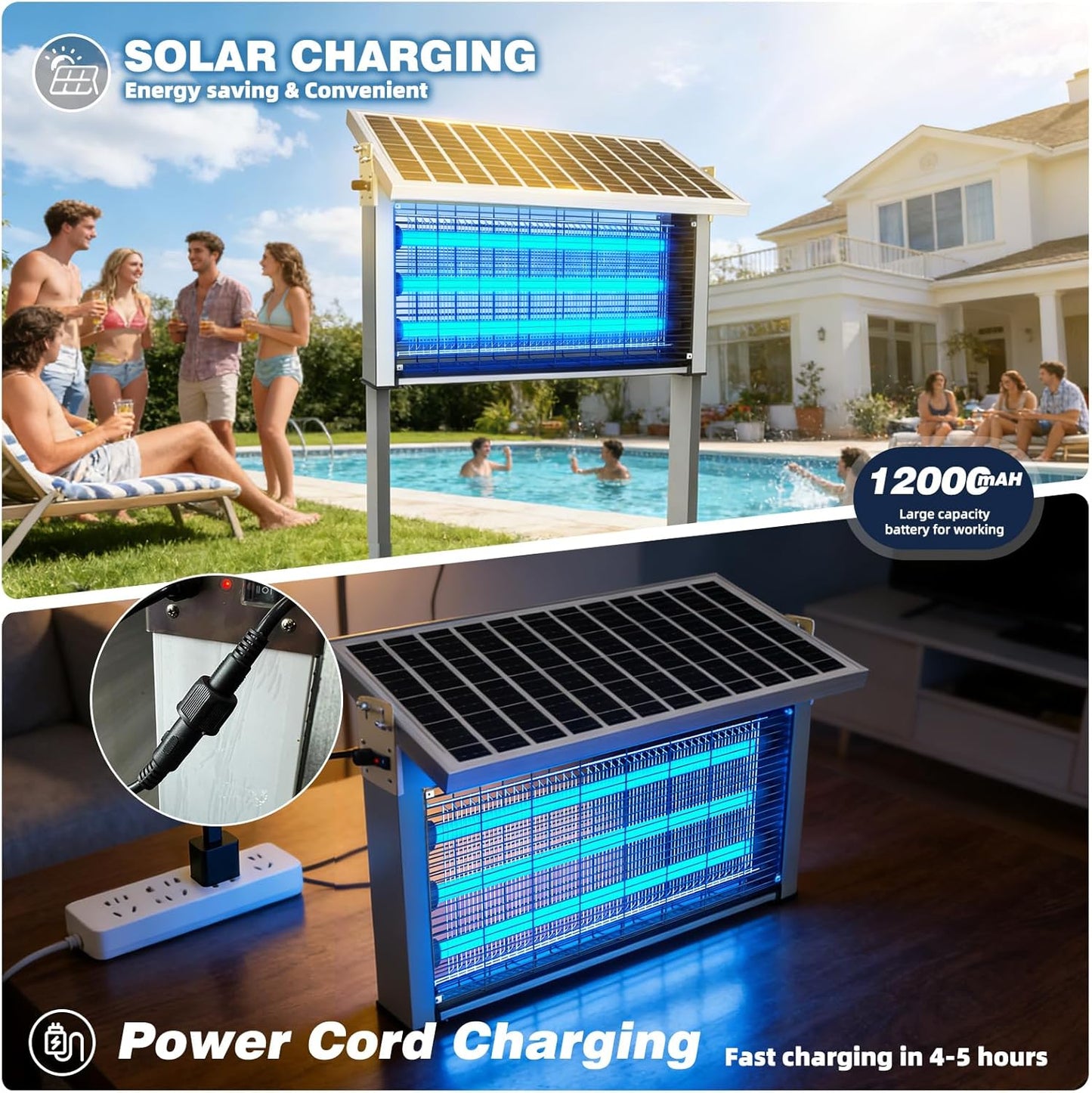 Powerful Large Solar Bug Zapper for 3000 sq.ft with 13FT Extension Cord | Rechargeable Outdoor Mosqutio Killer with 13W Solar Panel, Waterproof Solar Bug Zapper for Patio Garden Backyard RV Camping