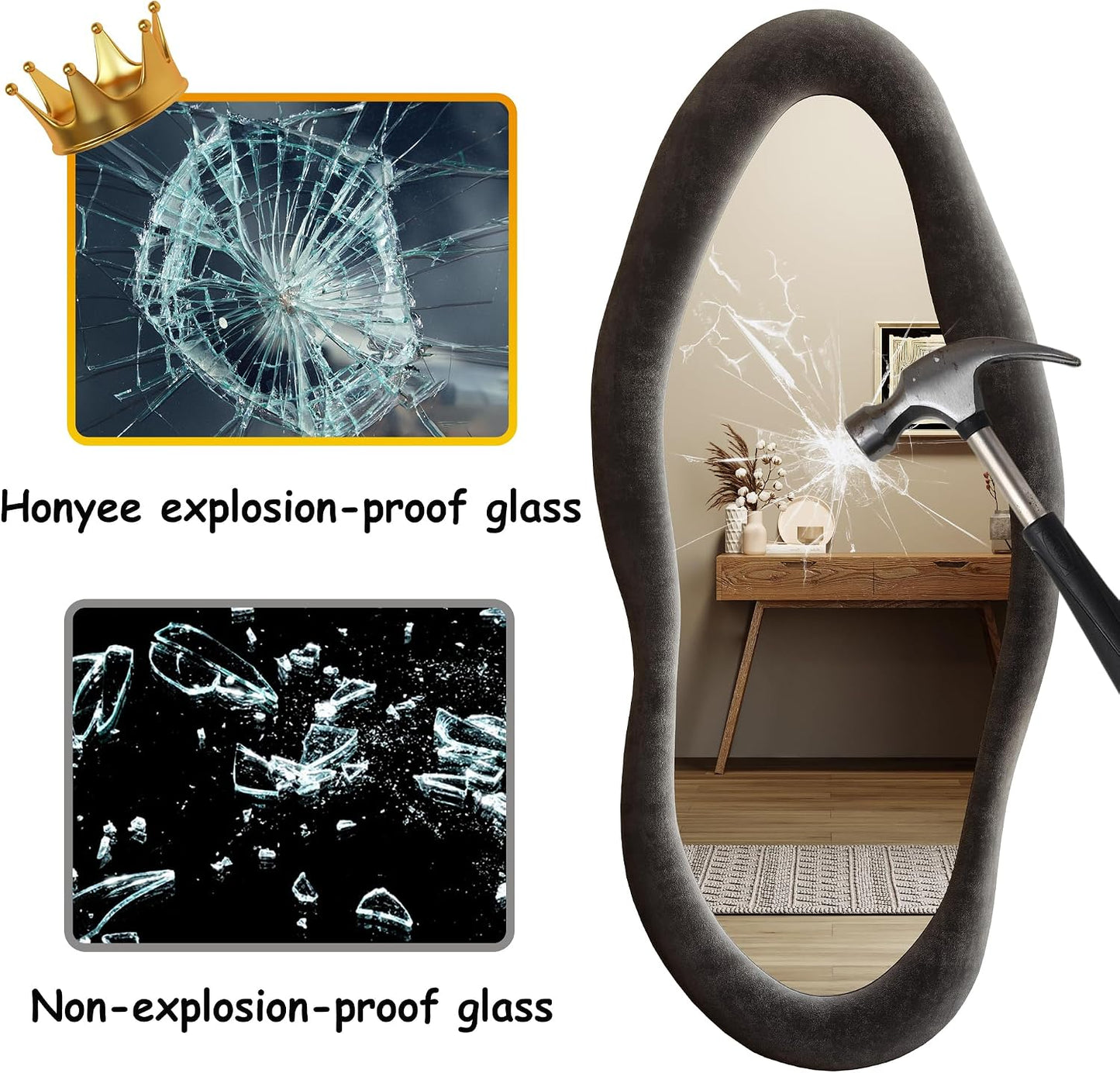 Honyee Full Length Mirror, 63" x 24" Wall Mirror, Flannel Wrapped Wooden Frame Floor Mirror, Irregular Wavy Mirror Hanging or Leaning Against Wall for Cloakroom/Bedroom/Living Room, Milk Tea