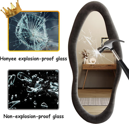 Honyee Full Length Mirror, 63" x 24" Wall Mirror, Flannel Wrapped Wooden Frame Floor Mirror, Irregular Wavy Mirror Hanging or Leaning Against Wall for Cloakroom/Bedroom/Living Room, Milk Tea
