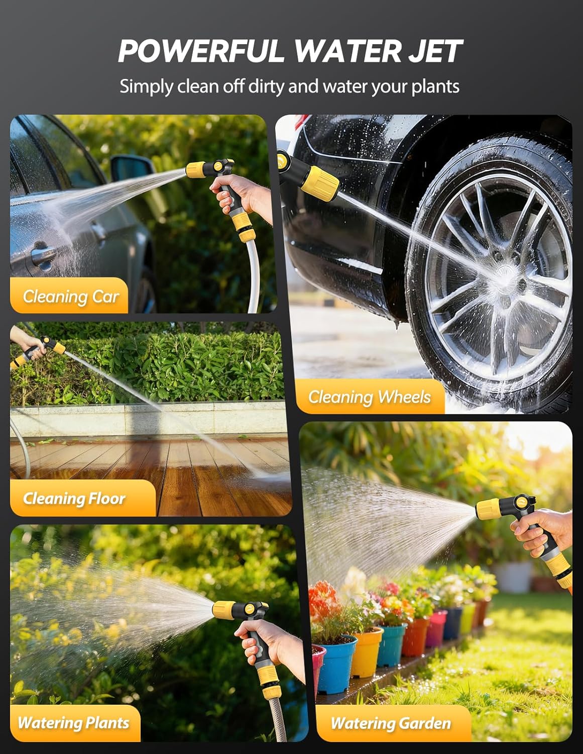 VOXON Garden Hose Nozzle with High Pressure Jet, 100% Heavy Duty Metal Water Hose Nozzle Sprayer with Thumb Flow Control, Adjustable Spray Patterns for Garden Watering, Car Washing, Yellow