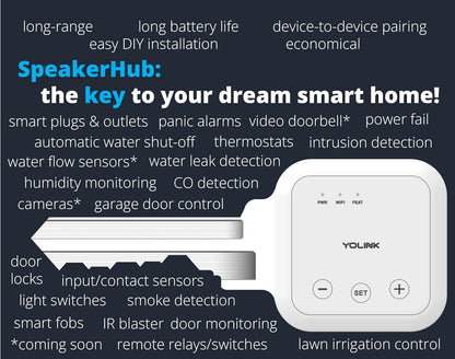 YoLink Smart Home Starter Kit: SpeakerHub & Water Leak Sensor 4 with 105dB Audio Alarm 2-Pack, SMS/Text, Email & Push Notifications, Freeze Warning, LoRa Up to 1/4 Mile Open-Air Range, w/Alexa, IFTTT