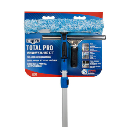Unger Professional Connect and Clean Total Pro Cleaning Kit, All-in-One Household Window Washing with Streak-Free Results, Includes 12” Squeegee, 14” Scrubber Washer, Telescopic Pole Extends Up to 6’