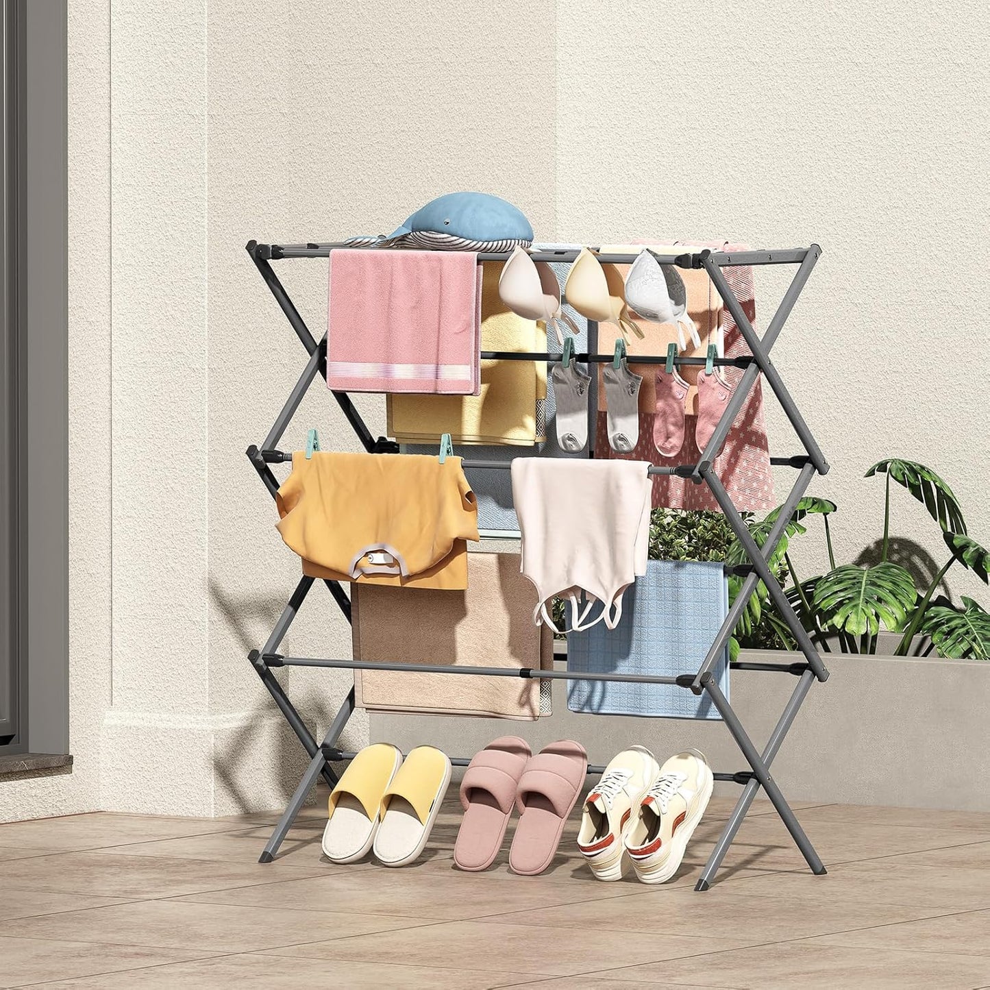 KINGBOARD Clothes Drying Rack, Collapsible Drying Rack Clothing with 11 Poles, 3-Tier Laundry Drying Rack, Small Clothes Drying Rack Foldable for Baby Clothes Sock Towel, 25lb Capacity, White