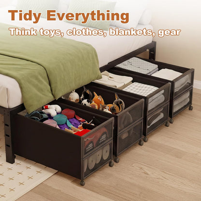 2 Pack Under the Bed Storage Containers,10 inch Height Under Bed Shoe Storage,31inch Long Underbed Storage with Wheels,Large Rolling under bed Clothes Storage Drawers with Lid for Dorm Tall ,Black