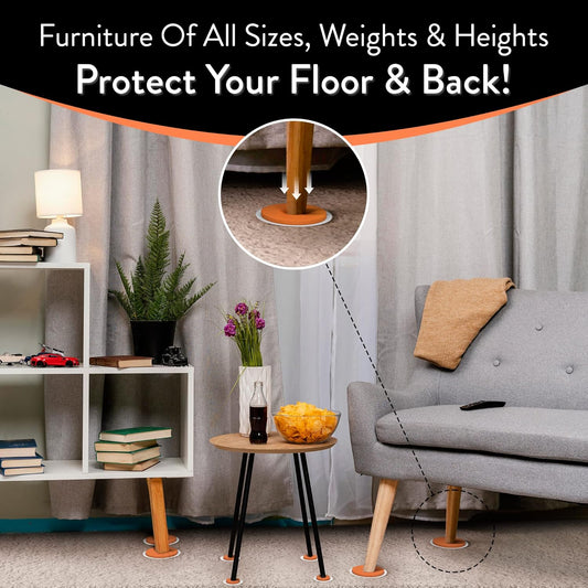 DIY Doctor Furniture Sliders – 8-Piece Set with Large & Small Sliders - Move Heavy Furniture Easily on Carpet, Hardwood & Tile – Reusable Floor Protectors – Orange