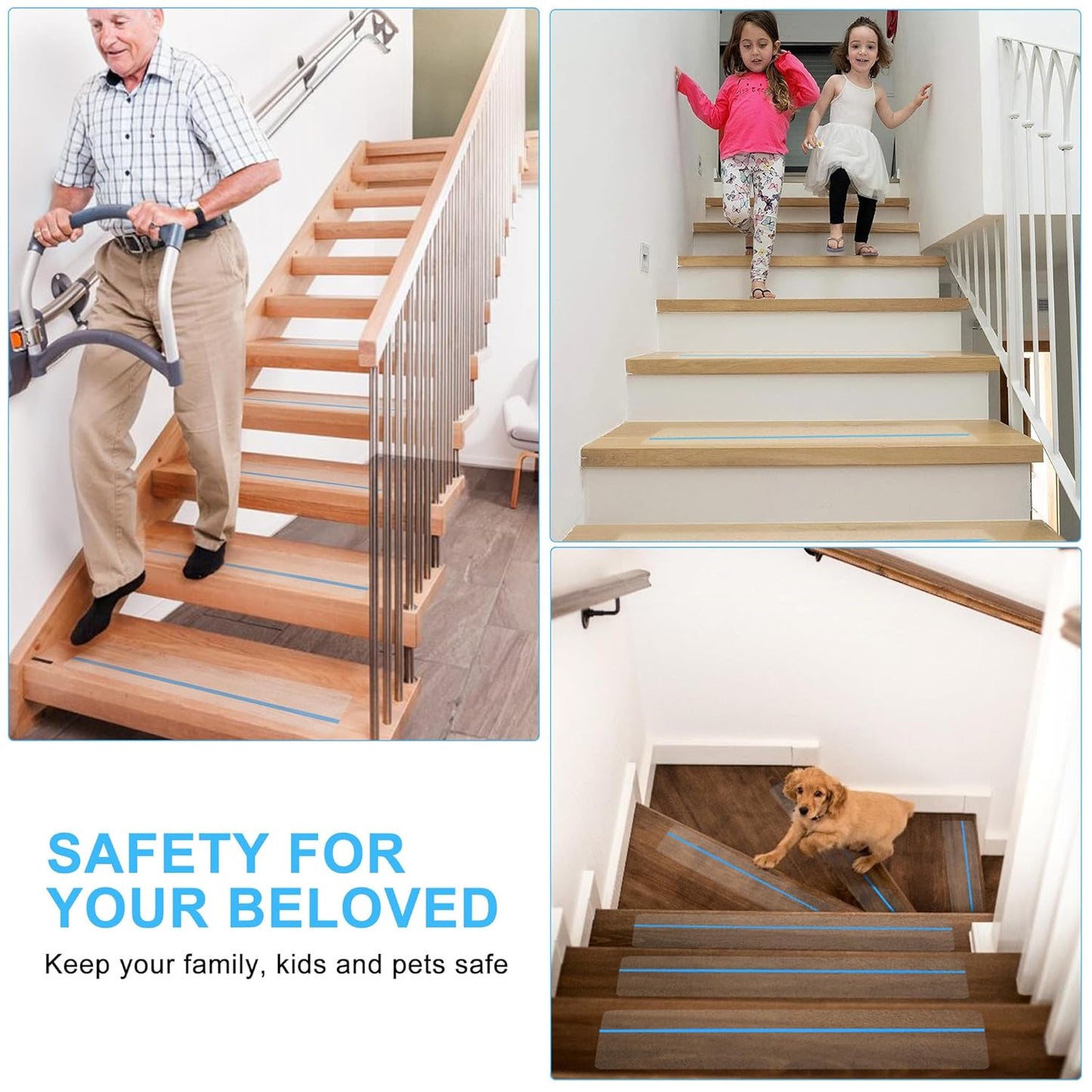 4'' x 24'' Clear Stair Treads Non Slip with Glow in Dark Blue Stripe, 15 Pack Pre-Cut Transparent Non Slip Strips Indoor Outdoor for Stairs,Bathroom,Bathtub, PEVA Safe for Elders,Kids,Pets