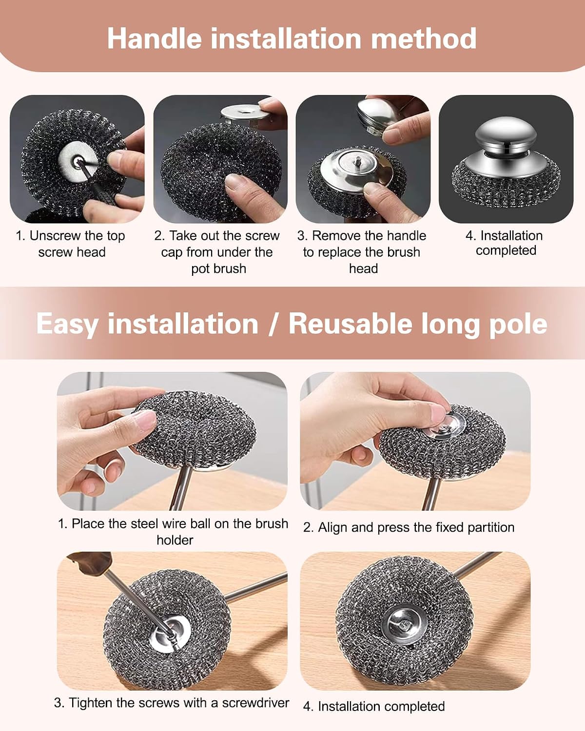 8 Pcs Steel Wool Scrubbers with 2 Pcs Handle,Stainless Steel Scouring Pads for Cast Iron Skillets, Grill & Kitchen Pots - Rust Resistant, Non-Splintering Heavy Duty for Tough Grease