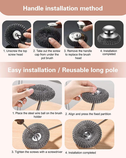 8 Pcs Steel Wool Scrubbers with 2 Pcs Handle,Stainless Steel Scouring Pads for Cast Iron Skillets, Grill & Kitchen Pots - Rust Resistant, Non-Splintering Heavy Duty for Tough Grease