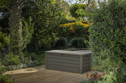 Keter 150 Gallon Resin Large Deck Box Organization and Storage Box for Patio, Outdoor Cushions, Garden Tools, Brown | Hydraulic Pistons, Resin, Weatherproof