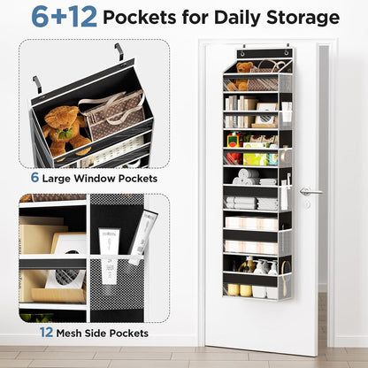 6 Tiers Over The Door Organizer, Heavy Duty Hanging Organizer Storage with Large Capacity Pockets, Behind Door Storage Hanging Shelves for Closet Wall Bathroom Bedroom Nursery Pantry, 1 Pack Grey