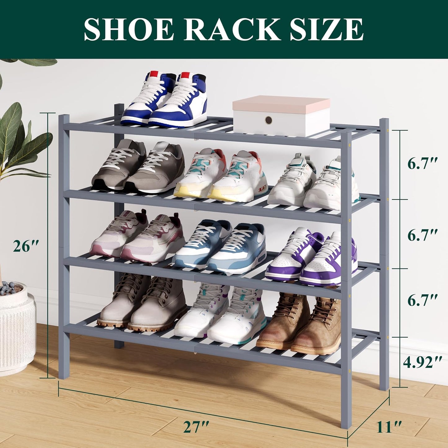 Smiry Bamboo Shoe Rack for Closet, 3 Tier Wooden Shoe Organizer, Stackable Wood Shoe Storage Shelf for Entryway, 14 Vertical Slats, One-piece Heavy-Duty Legs, 26.77"x11.02"x18.31", Natural