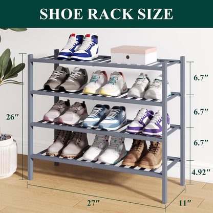 Smiry Bamboo Shoe Rack for Closet, 3 Tier Wooden Shoe Organizer, Stackable Wood Shoe Storage Shelf for Entryway, 14 Vertical Slats, One-piece Heavy-Duty Legs, 26.77"x11.02"x18.31", Natural