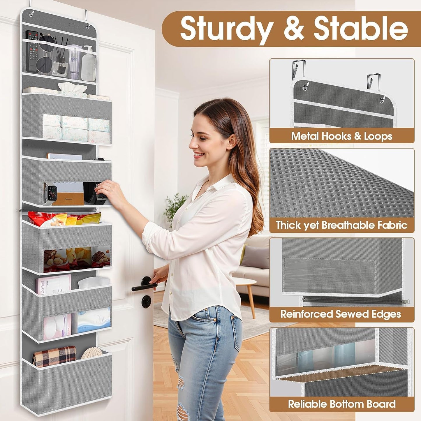 WISELIFE Over The Door Organizer Storage with 4 Large Pockets Door Hanging Organizer with Clear Windows behind The Door Storage for Nursery Bedroom Bathroom Pantry Closet and Baby Essentials Dark Grey