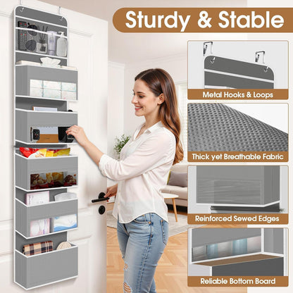 WISELIFE Over The Door Organizer Storage with 4 Large Pockets Door Hanging Organizer with Clear Windows behind The Door Storage for Nursery Bedroom Bathroom Pantry Closet and Baby Essentials Dark Grey