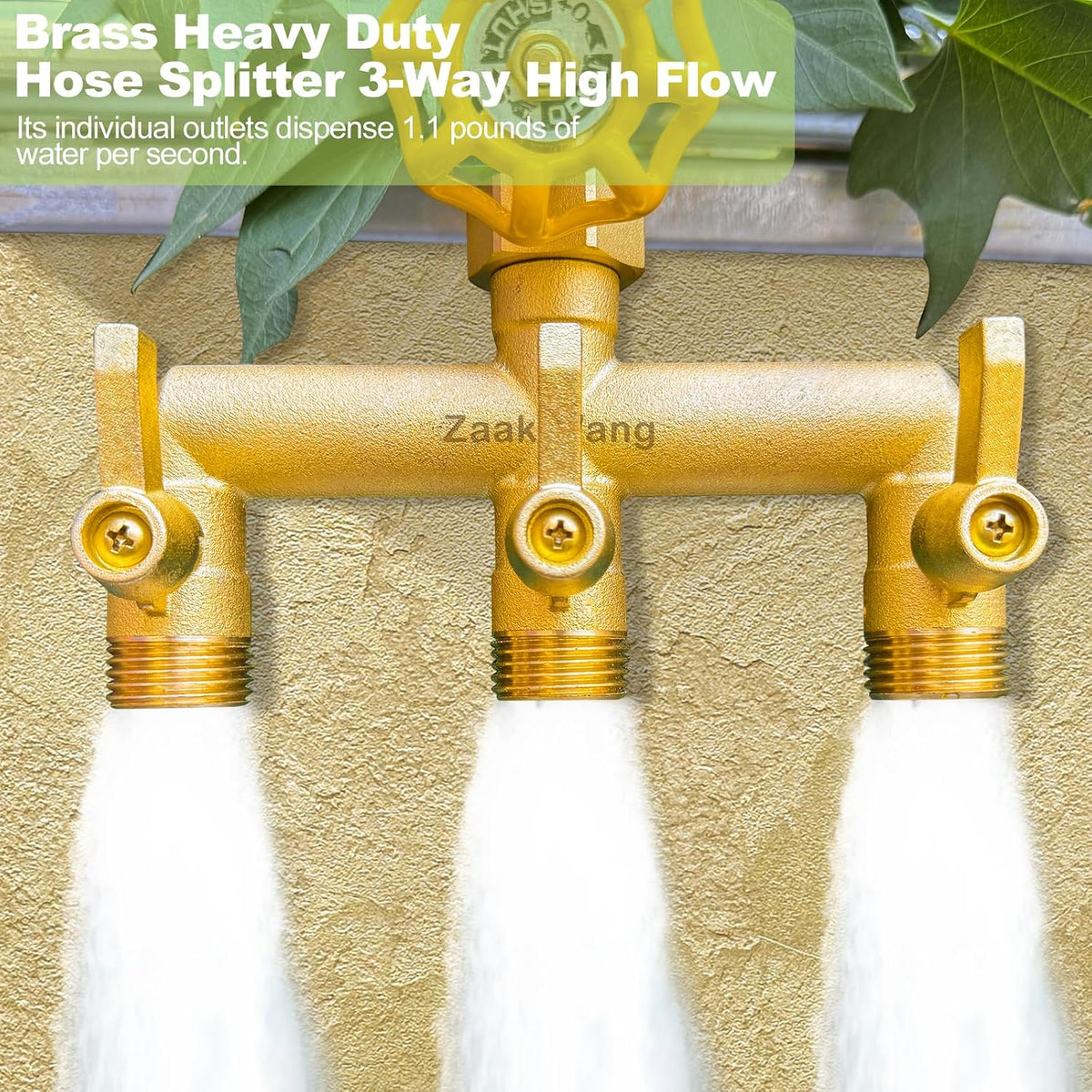 Heavy Duty Brass 2-Way Garden Hose Splitter, 3/4" GHT Threads, Metal Shutoff Valve, Long Handle