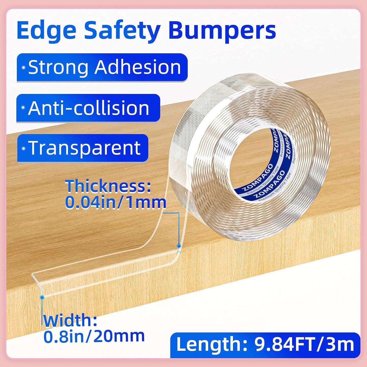 ZOMPAGO Baby Proofing Edge Protector Strip 2In x 13.4FT Clear Furniture Corner Guards for Toddlers Transparent Soft Sharp Edge Safety Bumpers Table Desk Fireplace Child Proof Protector Tape