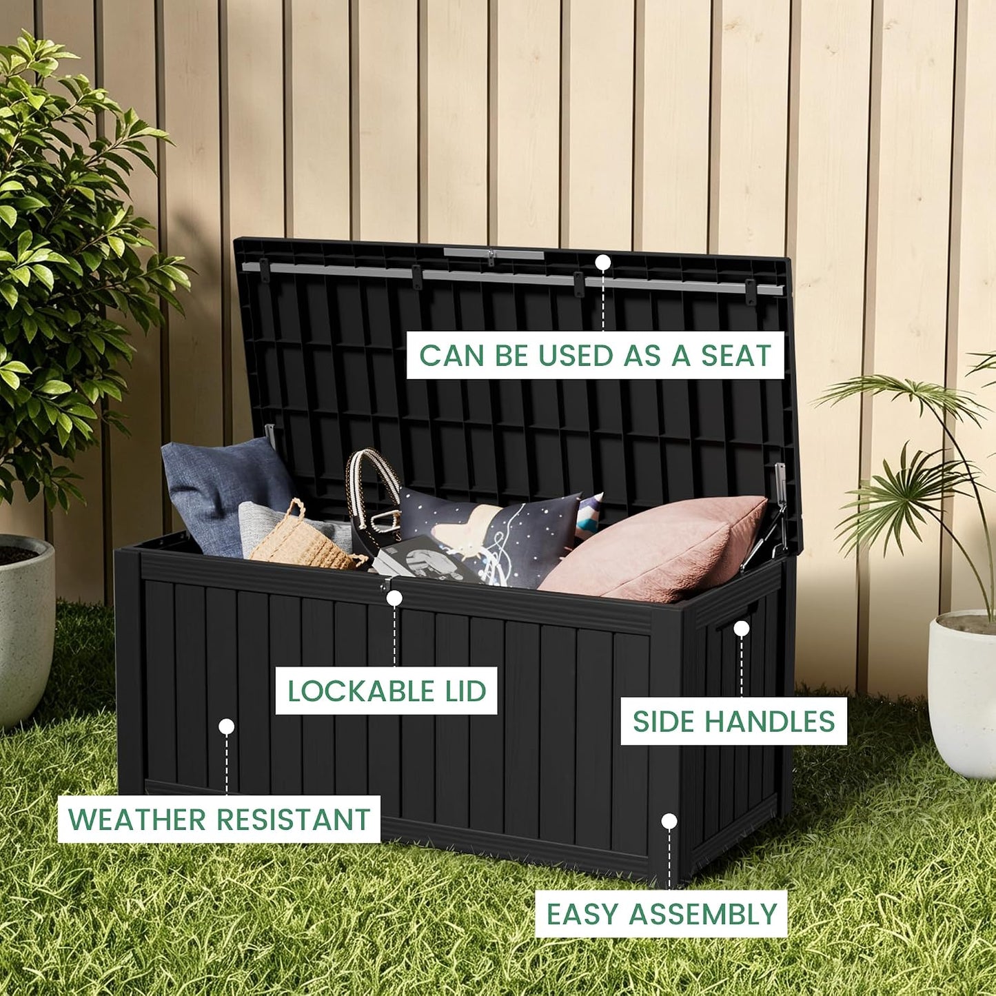 100 Gallon Storage Box, Waterproof Resin Deck Box with Hydraulic Piston Design, Lockable Storage Bench for Package Delivery, Storage Bin for Patio Cushions, Garden Tools, Black
