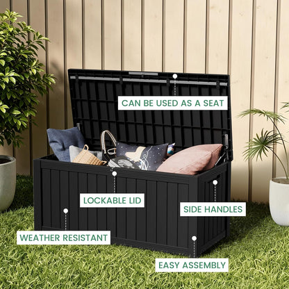 100 Gallon Storage Box, Waterproof Resin Deck Box with Hydraulic Piston Design, Lockable Storage Bench for Package Delivery, Storage Bin for Patio Cushions, Garden Tools, Black
