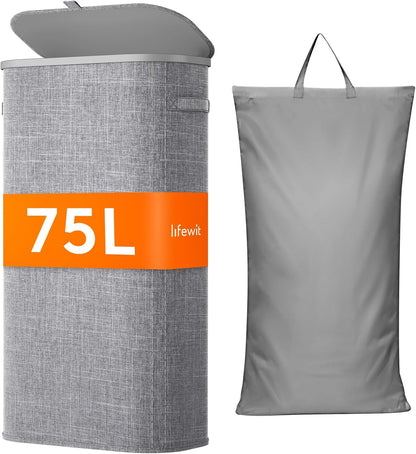 Lifewit Slim Laundry Basket with Lid, Narrow Laundry Hamper with Plastic Handles and Removable Bag, Tall Foldable Dirty Clothes Hampers for Laundry Room, Bedroom, Bathroom, Dorm, 65L Beige
