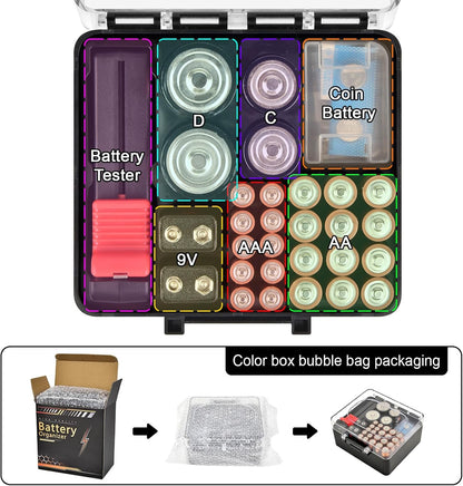 FULLCASE Plastic Battery Organizer with Tester, Battery Storage Case for AA AAA C D 9V Batteries, Portable Battery Holder Box for Home, Travel & Emergency Kits(Case Only) Black