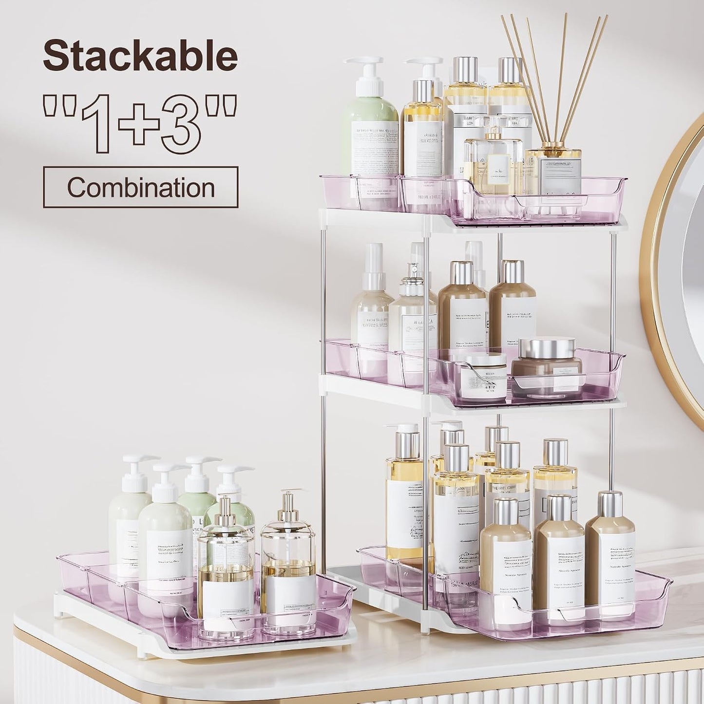 Delamu 2-Tier Multi-Purpose Bathroom Under Sink Organizers and Storage, Stackable Kitchen Pantry Organization, Pull Out Medicine Cabinet Organizer with Movable Dividers, White, 2 Pack