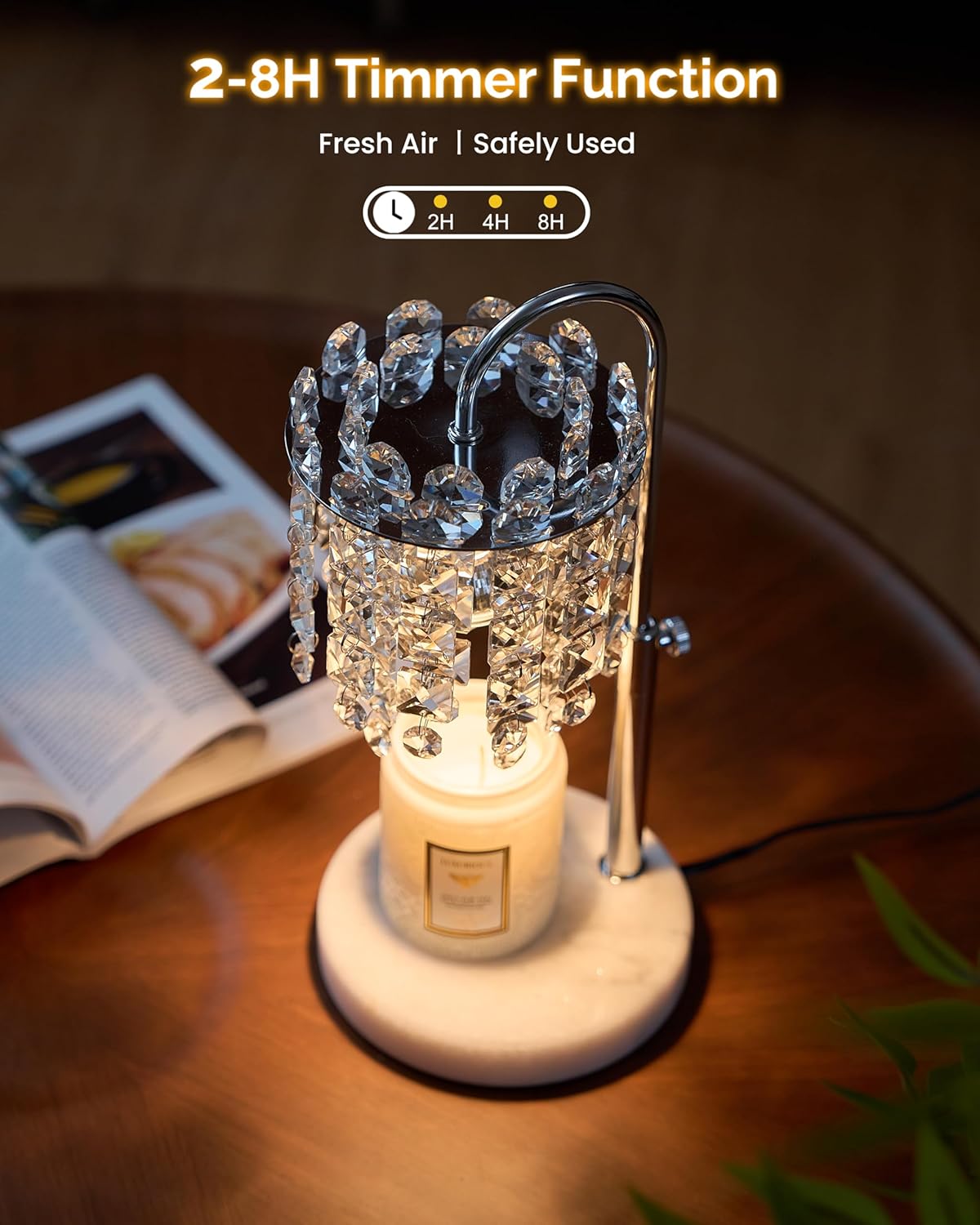 Candle Warmer Lamp with Timer Dimmer Adjustable Height Candle Warmer with Marble Base for Jar Candles, Crystal Candle Lamp with 3 Bulbs for New Home Decor, Women Mom Christmas Birthday Gifts, Silver