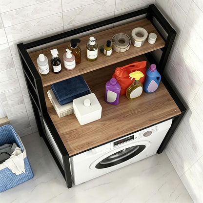Laundry Room Space Saver Shelf, Over The Washer Dryer 2-Tier Storage Rack with Wood Top, Heavy-Duty Metal Frame Washing Machine Organizer Stand, Organization Unit for Bathroom, Balcony, Utility(Black)