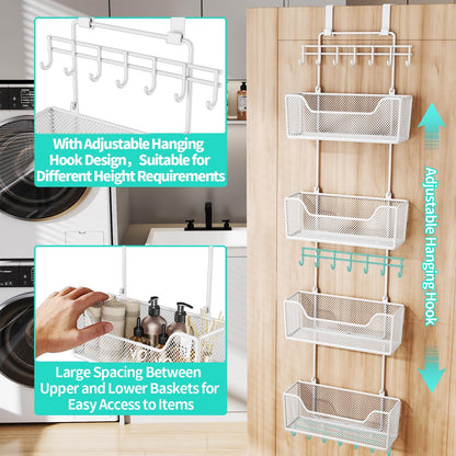 HapiRm Over The Door Organizer - Hanging Door Organizer with 4 Metal Large Capacity Baskets and Adjustable Coat Hook for Bathroom Bedroom Kitchen Pantry Closet Cabinet